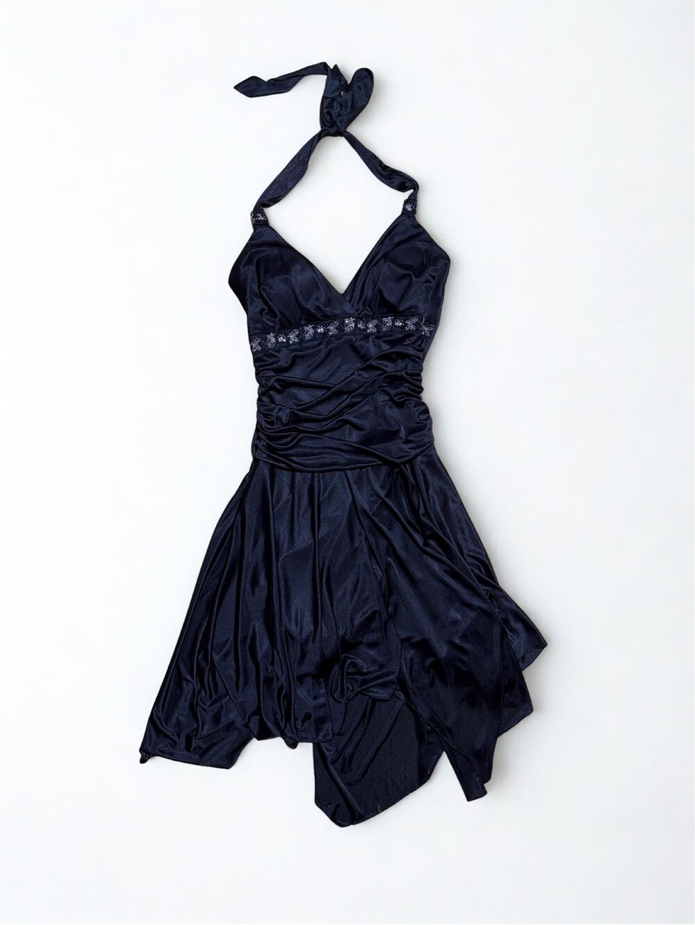 Vtg Y2K Speechless Black Ruched Fairy Halter Dress Beaded Waistband Size M